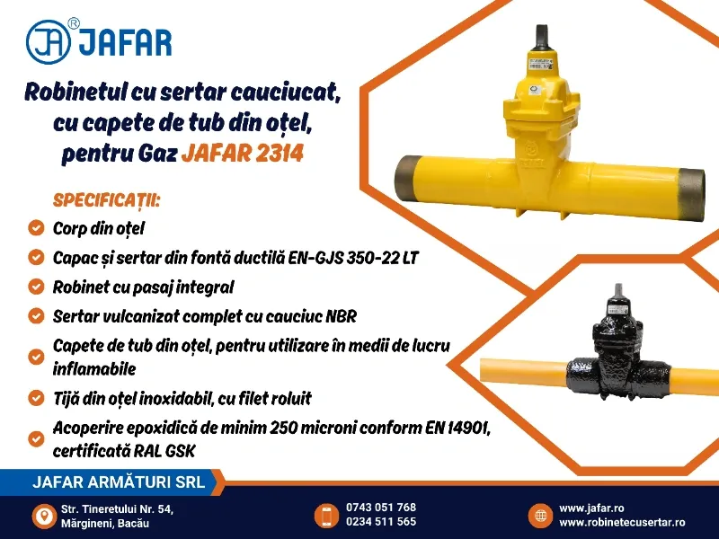 Robinet cu sertar cauciucat cu capete de tub din oțel, pentru Gaz JAFAR 2314