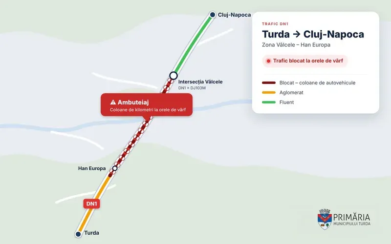 Primăria Turda solicită reevaluarea urgentă a modificărilor de circulație pe DN1, zona Vâlcele–Han Europa