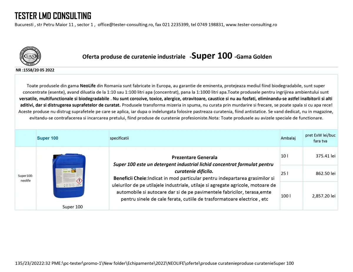 Produse de curatenie industriale - Super 100 - Gama Golden