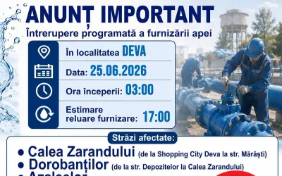 Ștrandul Municipal Deva închis joi, 25 iunie 2026, din cauza sistării furnizării apei potabile