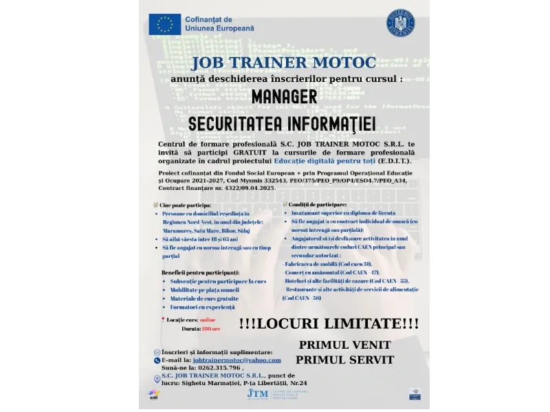 JOB TRAINER MOTOC - anunță deschiderea înscrierilor pentru cursul MANAGER SECURITATEA INFORMAŢIEI