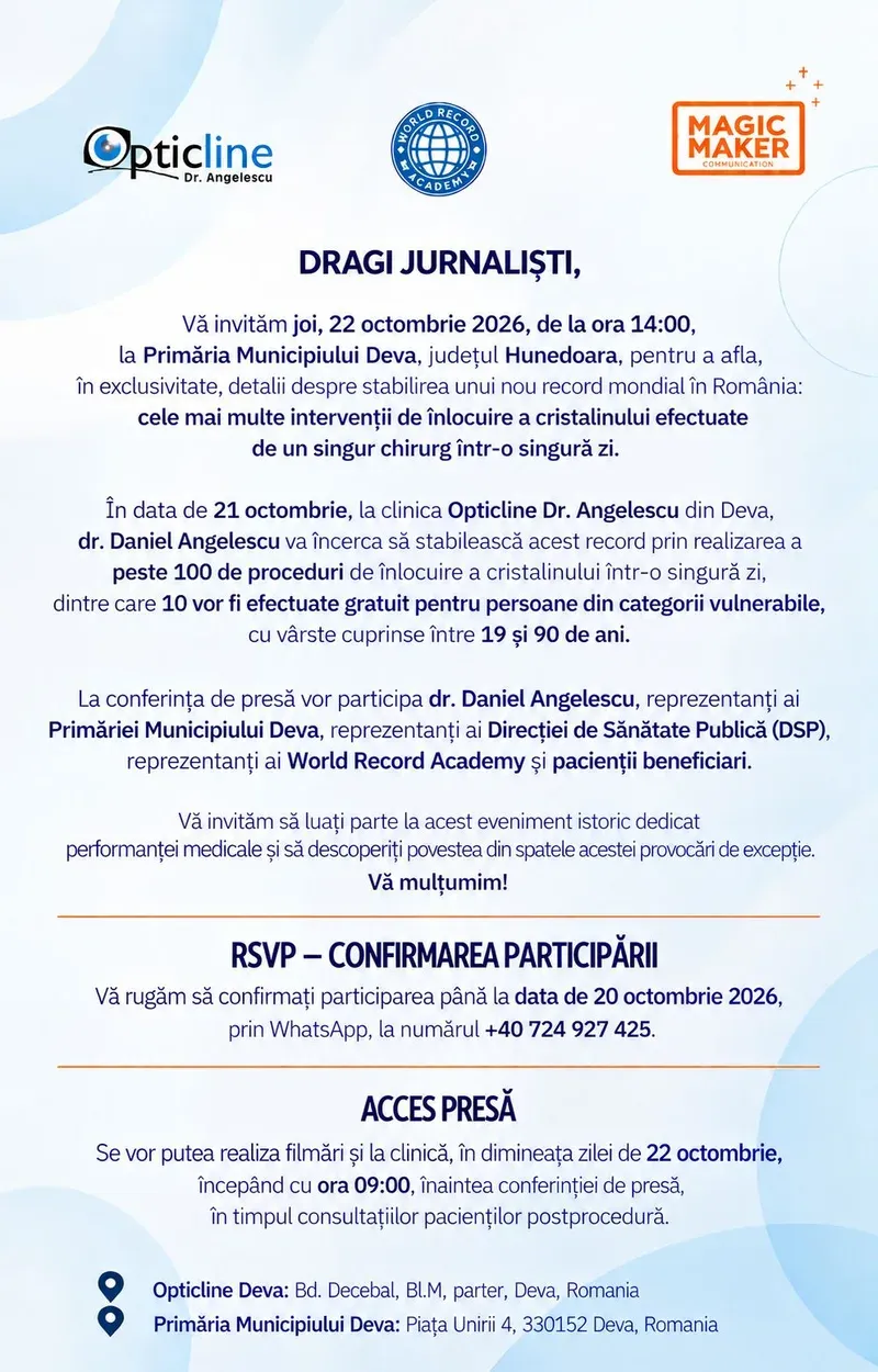 Deva: conferință de presă pe 22 octombrie pentru prezentarea tentativei unui record mondial în oftalmologie