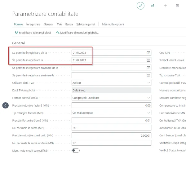 Definire perioadă înregistrare contabilitate în Business Central