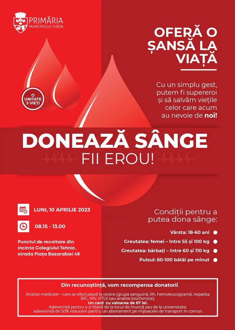 În 10 aprilie va avea loc o nouă campanie de donare de sânge la Turda, organizată de Primăria Municipiului Turda