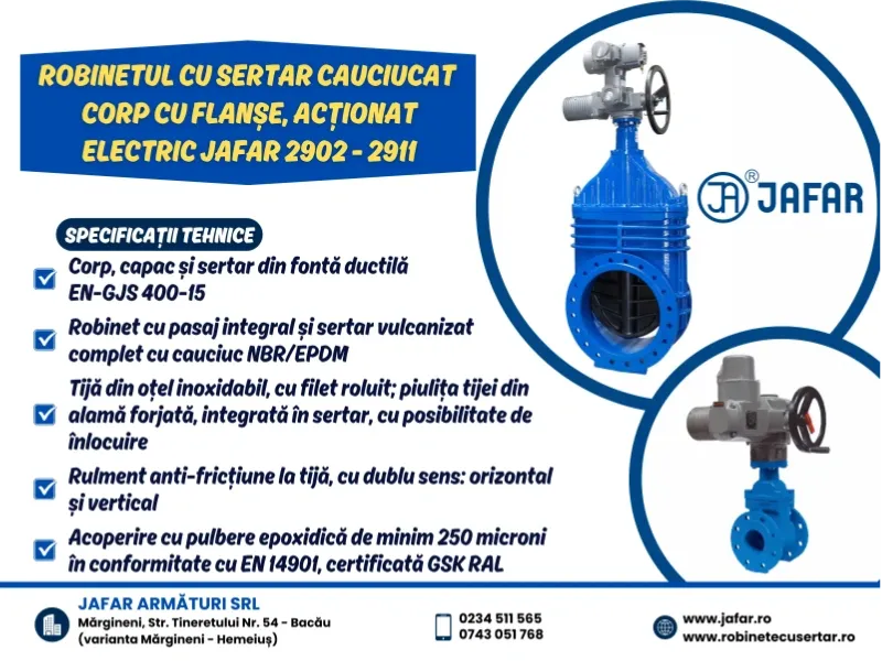Robinet cu sertar cauciucat, corp cu flanșe, acționat electric JAFAR 2902, 2911