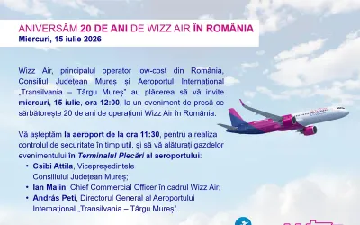 Wizz Air sărbătorește 20 de ani în România — eveniment de presă la Aeroportul Internațional „Transilvania” Târgu Mureș, 15 iulie 2026