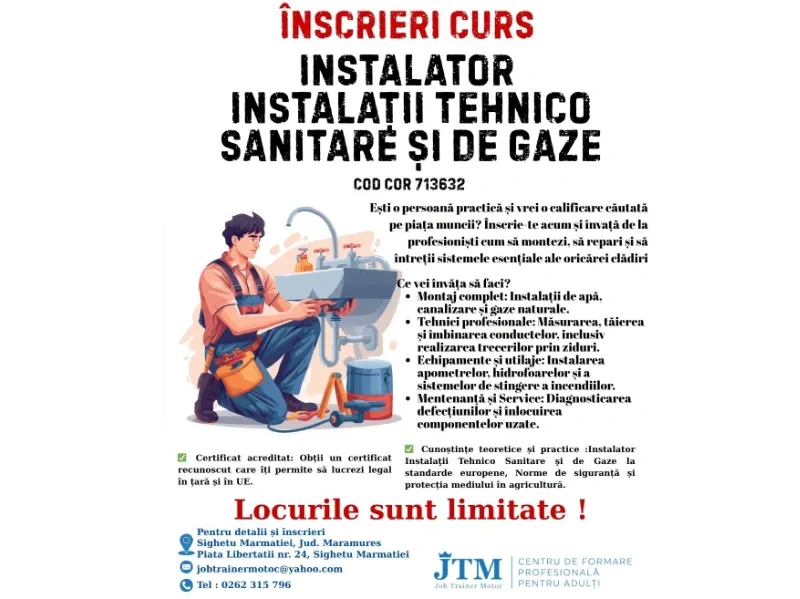 ÎNSCRIERI CURS - INSTALATOR INSTALAŢII TEHNICO SANITARE ŞI DE GAZE,  Cod Cor 713632
