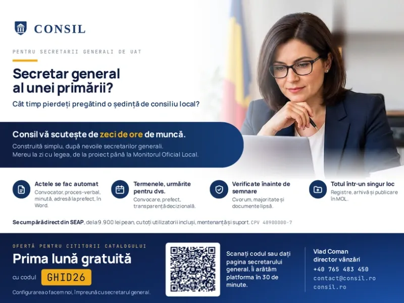 Prima lună gratuită la Consil, platforma pentru ședințele de consiliu local, cu codul GHID26