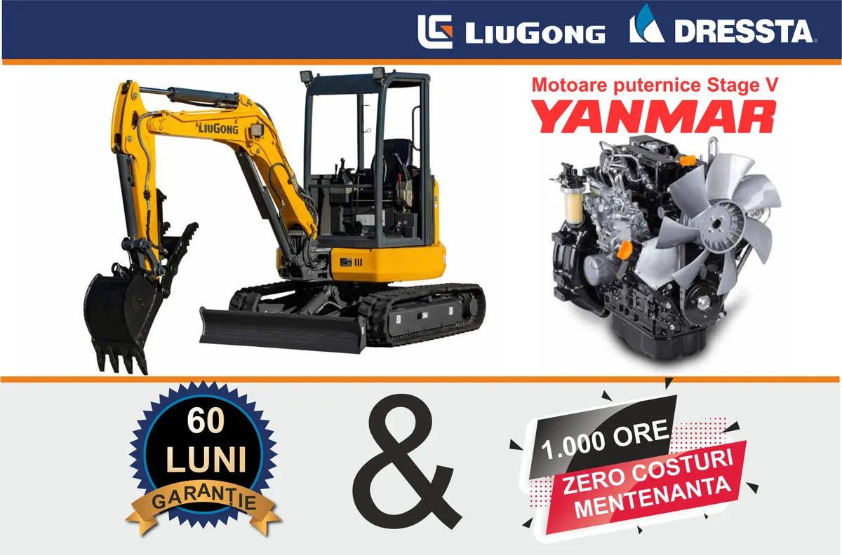 MINI EXCAVATOARE LIUGONG DRESSTA – 5 ANI GARANȚIE & 1.000 ORE ZERO COSTURI MENTENANȚĂ