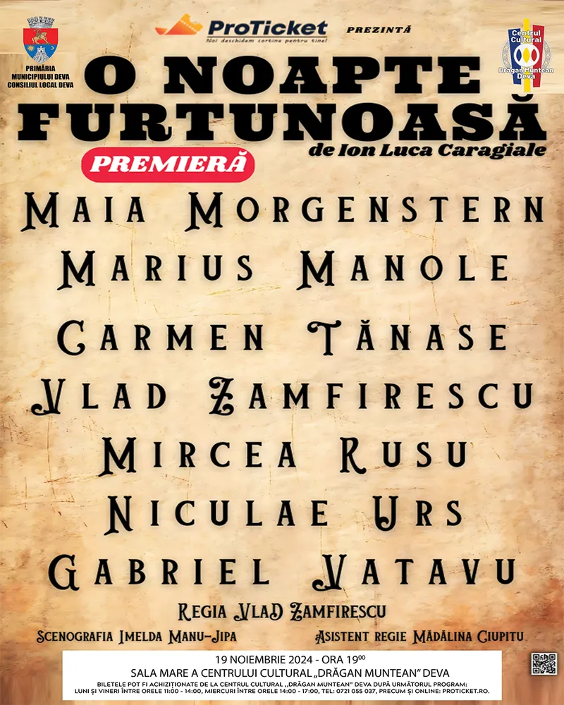 Piesa de teatru ,,O noapte furtunoasă” se joacă la Deva într-o distribuție de excepție