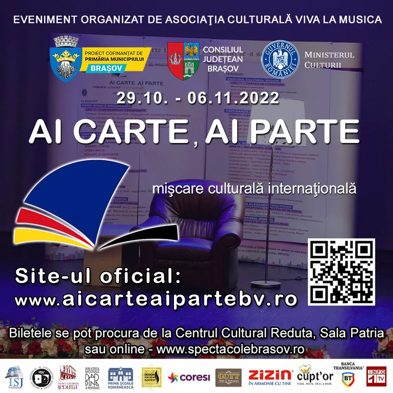 Asociația Culturală VIVA LA MUSICA va organiza la Brașov în perioada 29 octombrie – 6 noiembrie Proiectul AI CARTE, AI PARTE Mișcare Culturală Internațională