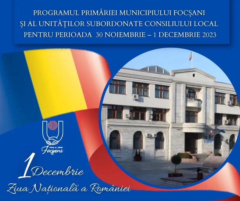 PROGRAMUL PRIMĂRIEI MUNICIPIULUI FOCȘANI ȘI AL UNITĂȚILOR SUBORDONATE CONSILIULUI LOCAL PENTRU PERIOADA 30 NOIEMBRIE – 1 DECEMBRIE 2023