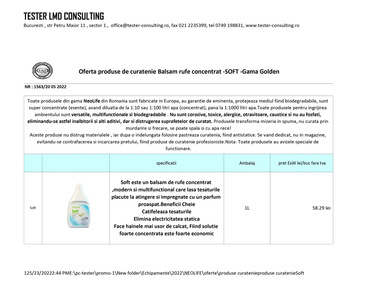 Produse de curatenie - Balsam rufe concentrat - SOFT - Gama Golden