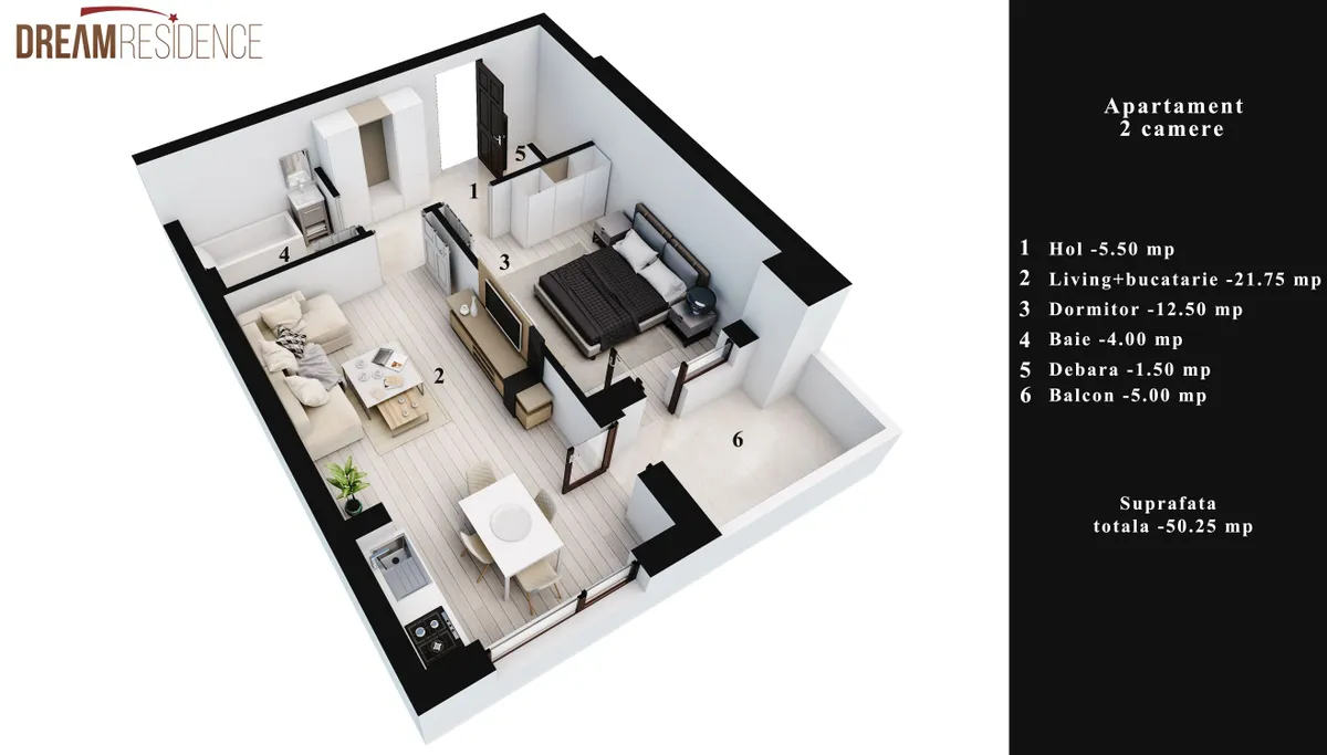 Apartament 2 camere, 50 mp