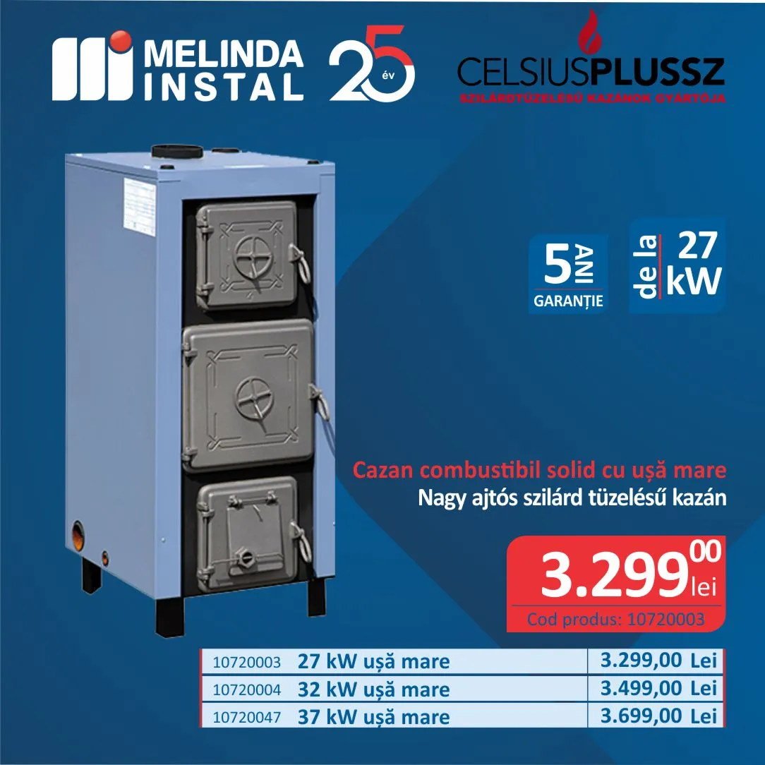 CAZAN PE LEMN DIN OTEL CELSIUS 27 KW CU USA MARE