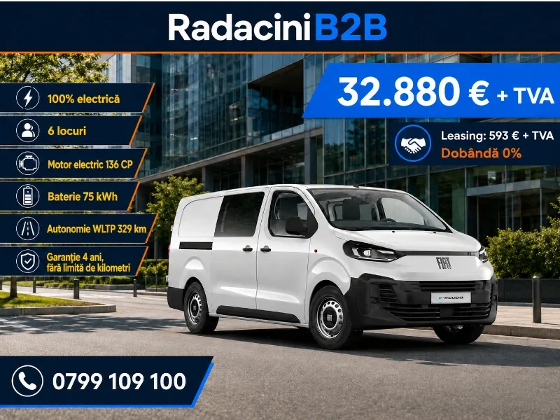 Fiat e-Scudo Crew Cab L3, 100% electric, cu 136 CP, baterie de 75 kWh