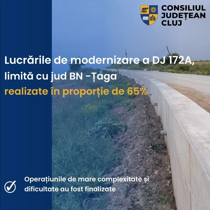 Lucrările de modernizare a drumului județean DJ 172A, parte a Drumului Bistriței – Lot 1, realizate în proporție de peste 65%