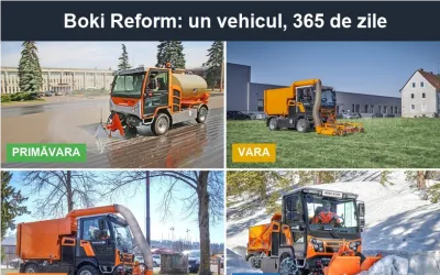 Boki Reform – vehiculul municipal multifuncțional care lucrează tot anul: spălare și măturare stradală, spații verzi, deszăpezire. Un vehicul, 365 de zile