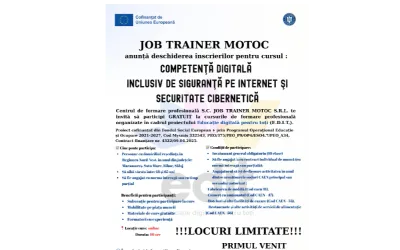 S.C. JOB TRAINER MOTOC S.R.L. - deschiderea înscrierilor pentru cursul COMPETENTA DIGITALA INCLUSIV DE SIGURANTA PE INTERNET SI SECURITATE CIBERNETICA, organizat în cadrul proiectului E.D.I.T.