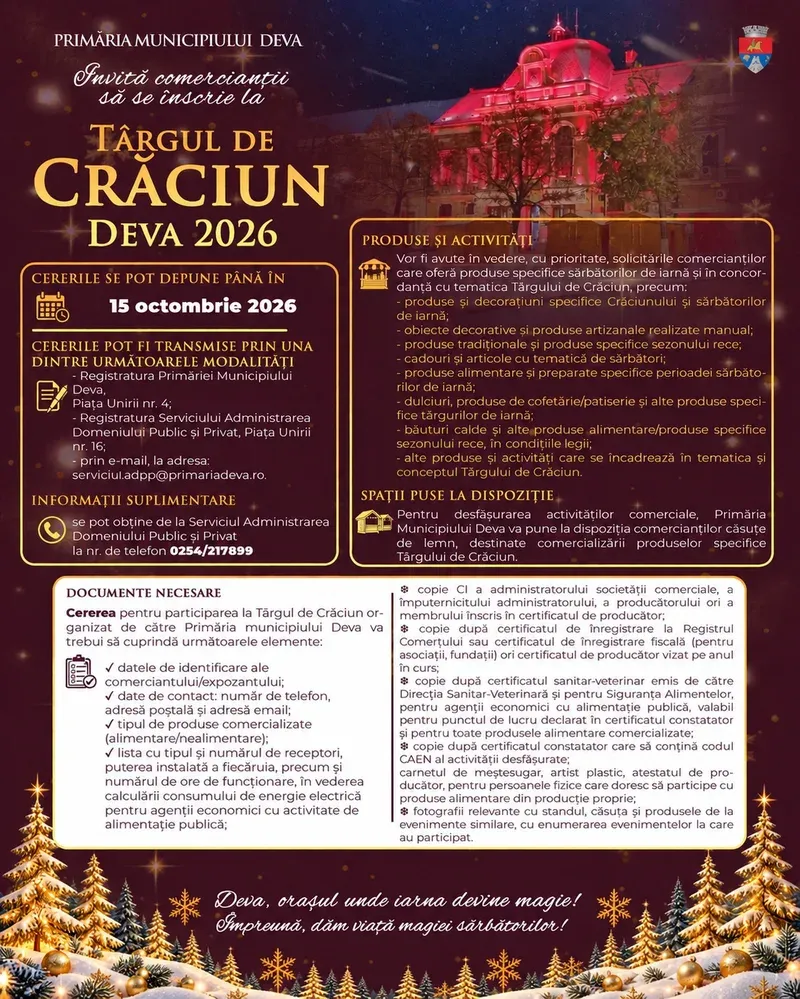 Primăria Deva prelungește termenul pentru înscrieri la Târgul de Crăciun Deva 2026