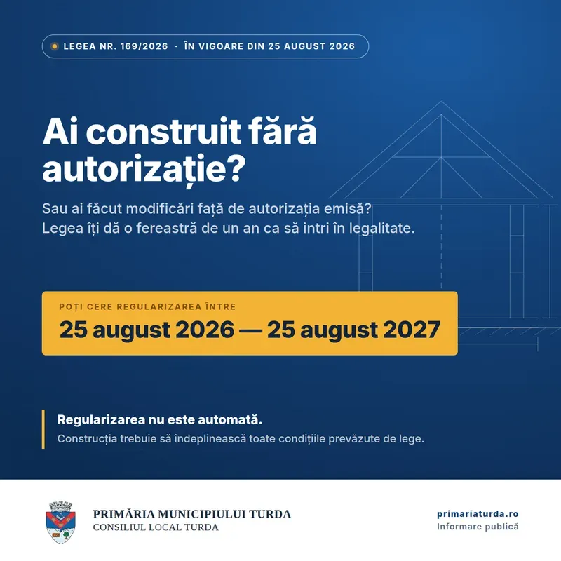 Primăria Turda anunță: Legea nr. 169/2026 permite regularizarea construcțiilor neautorizate până la 25 august 2027