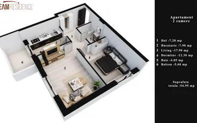 Apartament 2 camere, 56,50 mp