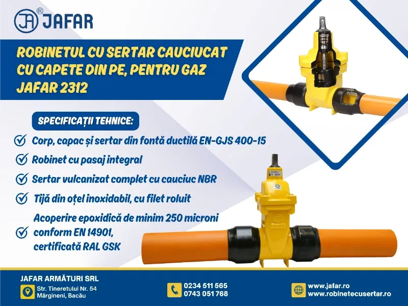 Robinet cu sertar cauciucat cu capete din PE, pentru Gaz JAFAR 2312