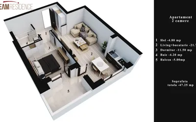 Apartament 2 camere, 47 mp
