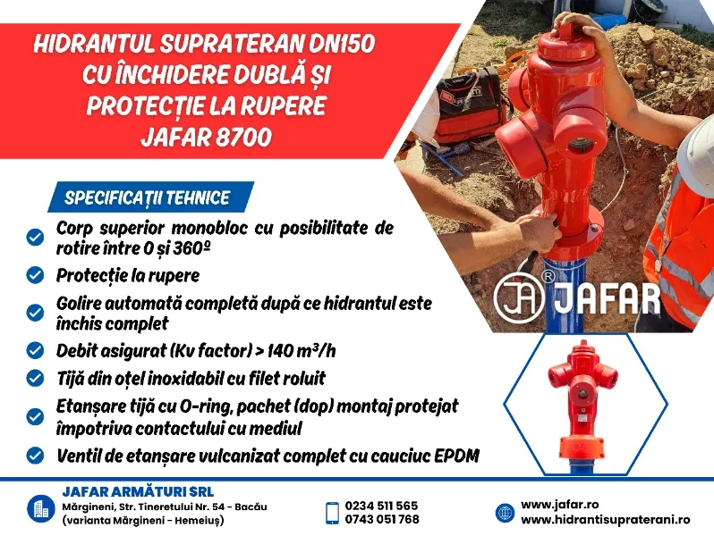 Hidrant suprateran DN150 cu închidere dublă și protecție la rupere JAFAR 8700
