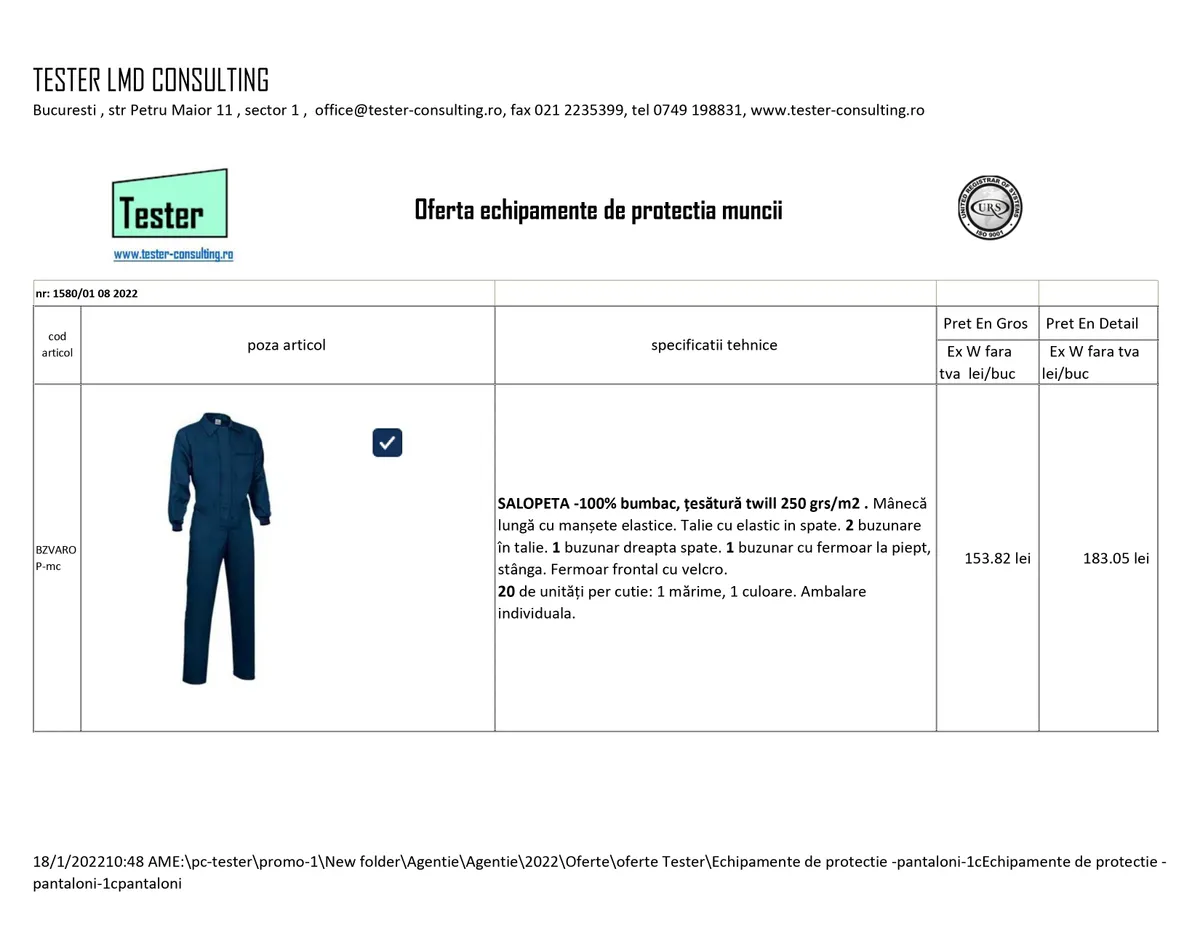 ECHIPAMENT PROTECȚIA MUNCII - PANTALONI
