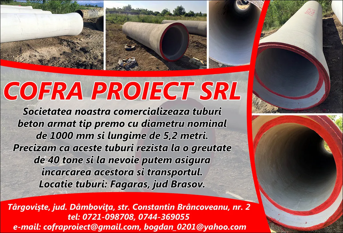 Tuburi beton armat tip premo cu diametru nominal de 1000 mm si lungime de 5,2 metri