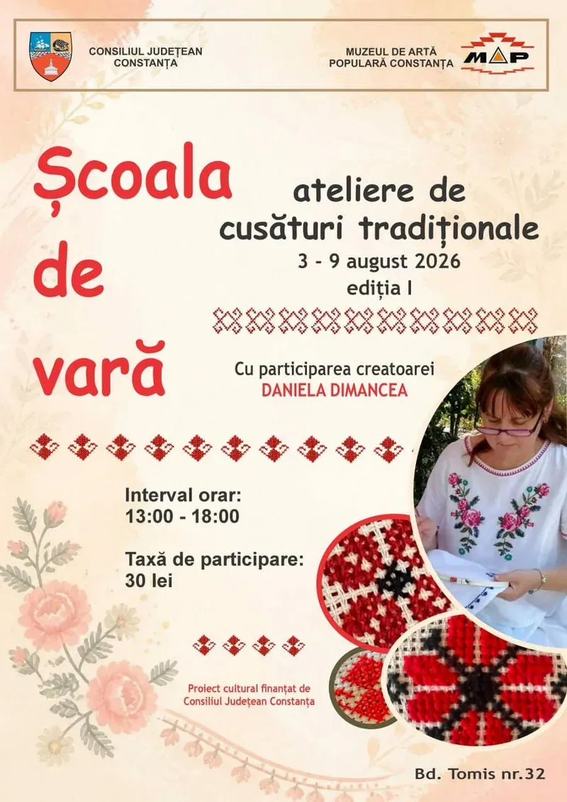 Muzeul de Artă Populară Constanța organizează „Școala de vară – ateliere de cusături tradiționale” (3–9 august)